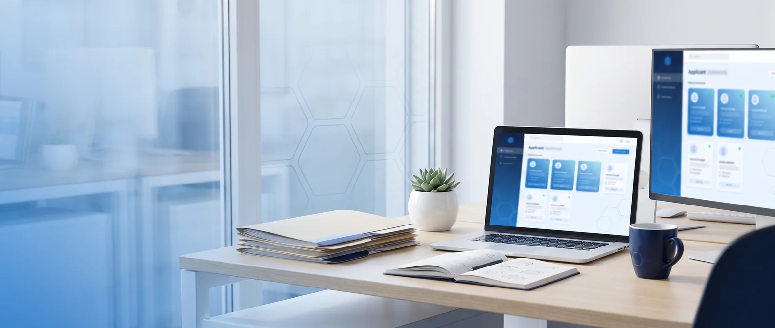 Absage auf eine Bewerbung: Arbeitsplatz im Recruiting mit Laptop, Monitor und Stapeln eingegangener Bewerbungen