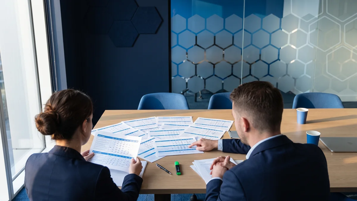 Beobachterkonferenz nach einem Assessment Center: Beobachter werten die Bewertungsbögen aus den Übungen aus.