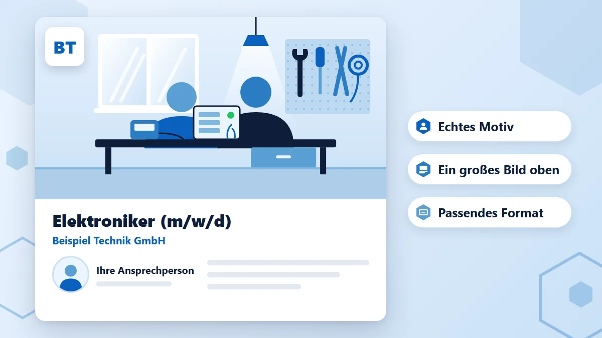 Bilder in Stellenanzeigen: Anzeige mit großem Teambild in der oberen Hälfte, Logo und Foto der Ansprechperson