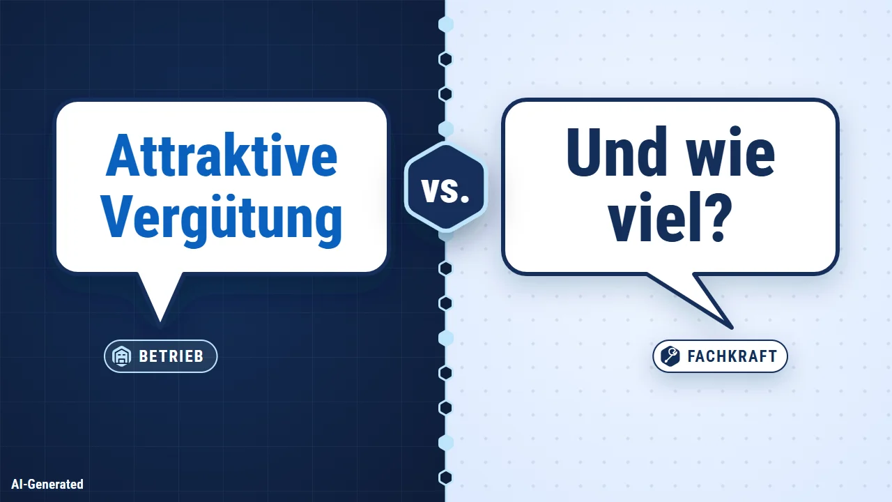 Vorschaubild zum Erklärvideo: Sprechblase des Betriebs „Attraktive Vergütung“ gegenüber der Frage der Fachkraft „Und wie viel?“