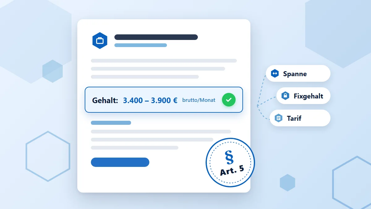 Gehaltsangabe in der Stellenanzeige – Pflicht? Anzeigenkarte mit hervorgehobener Gehaltsspanne in Euro brutto pro Monat und §-Stempel