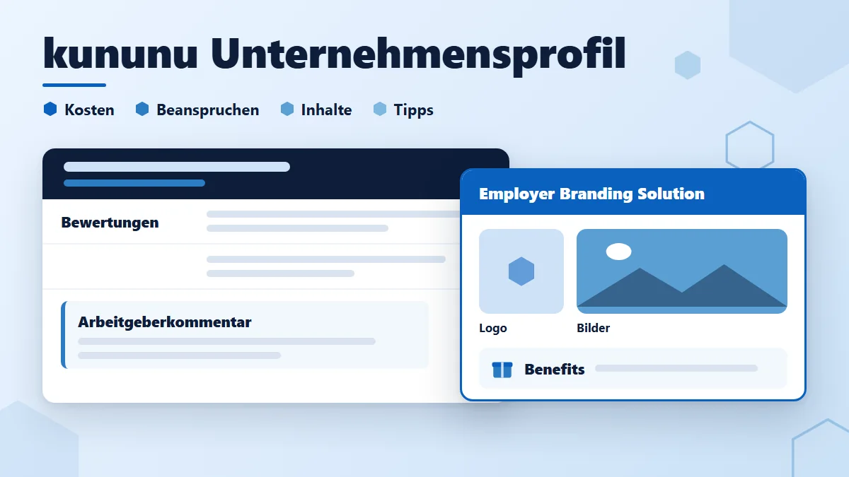 kununu Unternehmensprofil: stilisiertes Arbeitgeberprofil mit Bewertungszeilen und Kommentarzeile, darüber ein Block Employer Branding Solution mit Logo-Fläche, Bildfläche und Benefits-Zeile.
