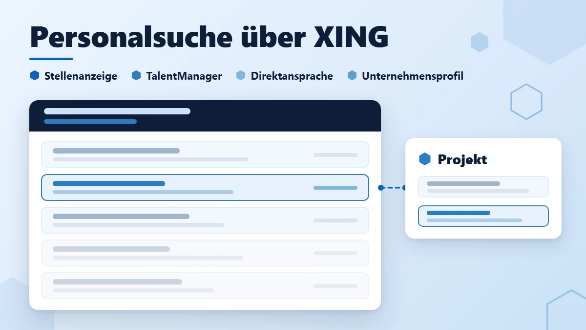 Personalsuche über XING: stilisierte Suchliste mit anonymen Ergebniszeilen, ein Block „Projekt“ und die Labels Stellenanzeige, TalentManager, Direktansprache und Unternehmensprofil.