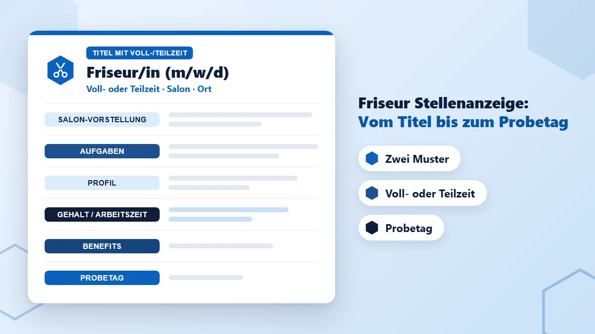 Friseur Stellenanzeige als Dokument mit markierten Bausteinen: Titel mit Voll- oder Teilzeit, Salon-Vorstellung, Aufgaben, Profil, Gehalt und Arbeitszeit, Benefits und Probetag