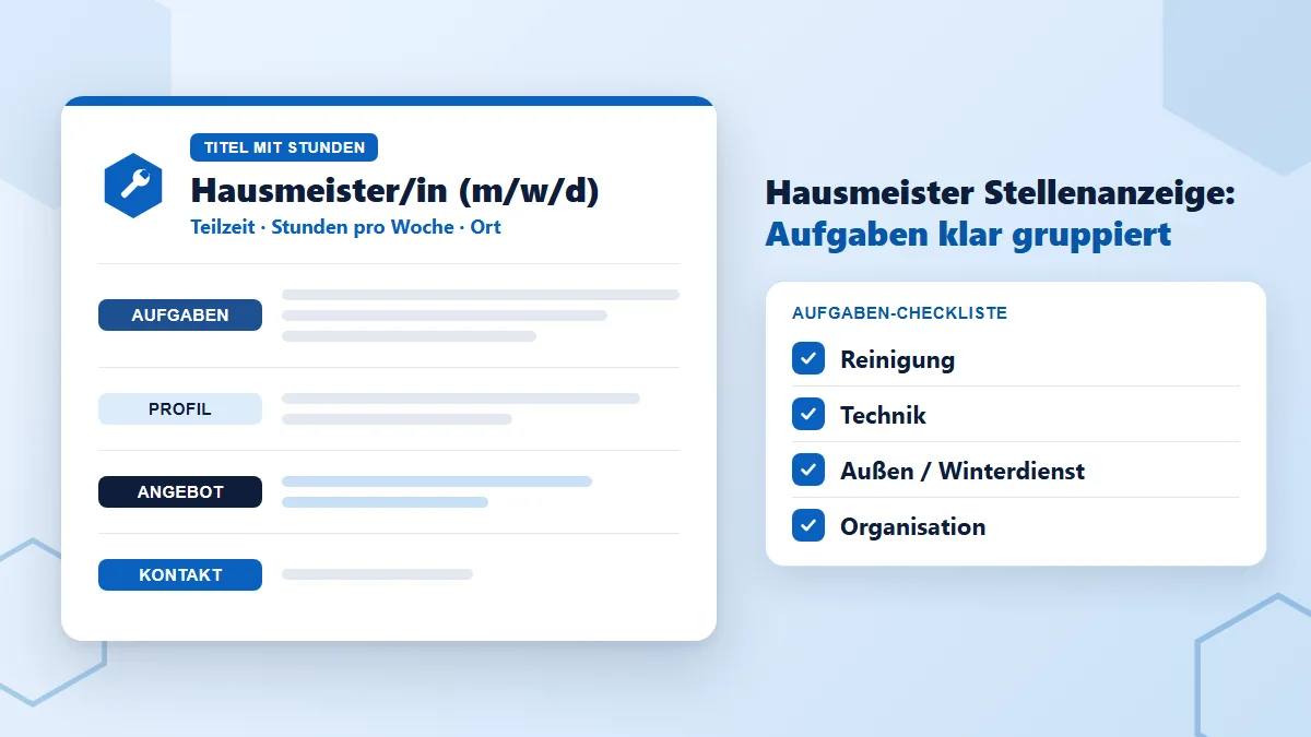 Hausmeister Stellenanzeige als Dokument mit markierten Bausteinen und einer Aufgaben-Checkliste in vier Bereichen: Reinigung, Technik, Außenanlagen und Winterdienst, Organisation