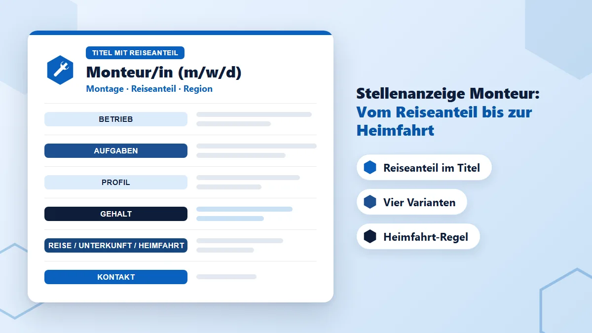 Stellenanzeige Monteur Muster: Dokument mit den markierten Bausteinen Titel mit Reiseanteil, Betrieb, Aufgaben, Profil, Gehalt, Reise mit Unterkunft und Heimfahrt sowie Kontakt, daneben die Hinweise Reiseanteil im Titel, vier Varianten und Heimfahrt-Regel