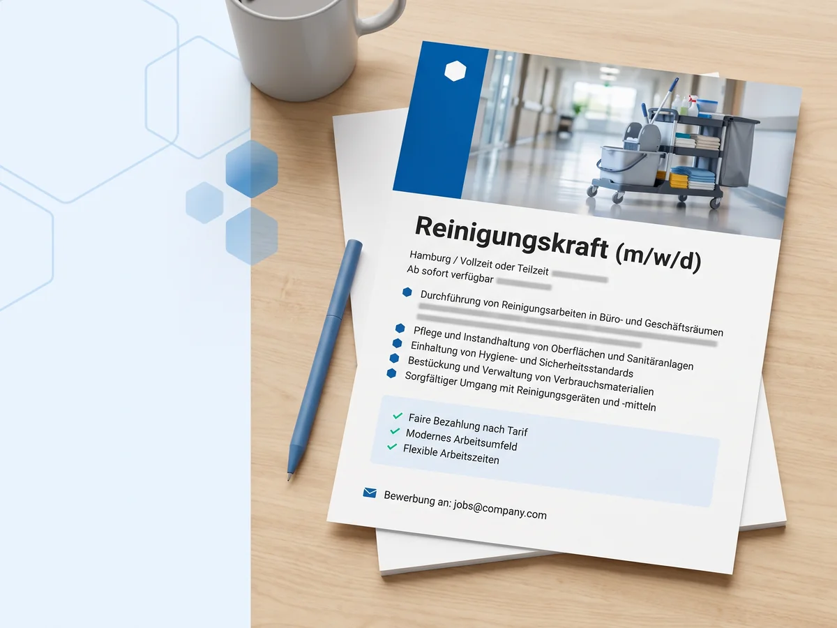 Muster einer Stellenanzeige für eine Reinigungskraft (m/w/d) mit Stellentitel, Aufgabenliste und Kontaktzeile auf einem Schreibtisch