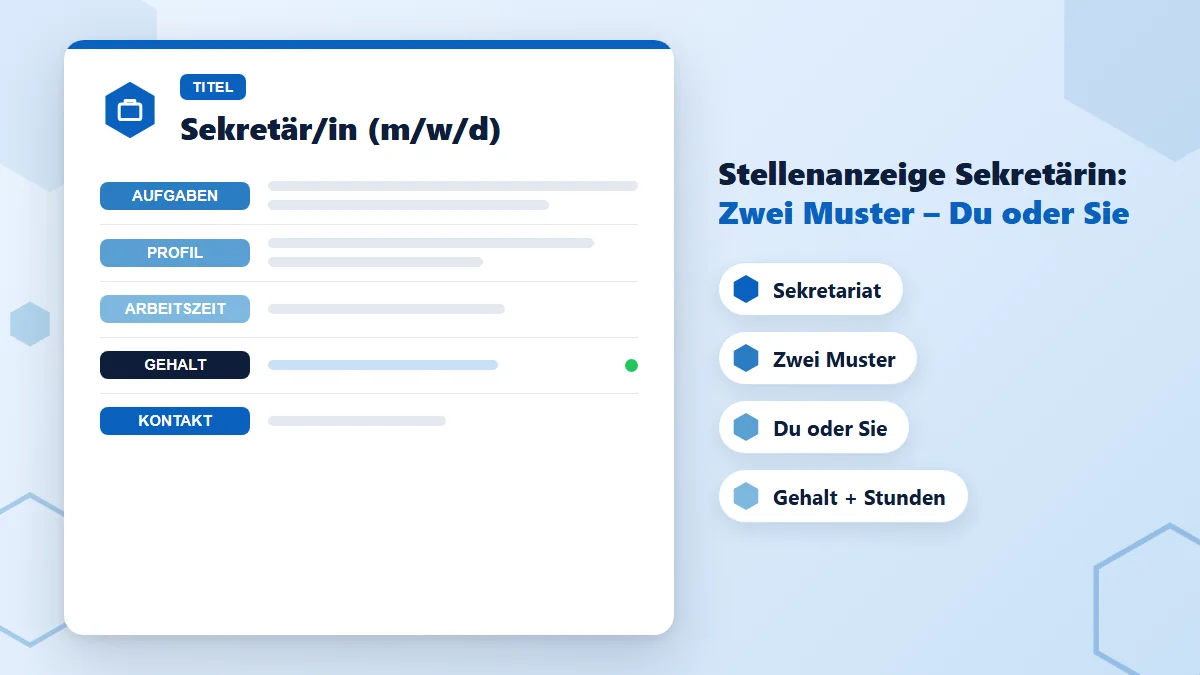 Stellenanzeige Sekretärin als Dokument mit markierten Bausteinen: Titel, Aufgaben, Profil, Arbeitszeit, Gehalt und Kontakt