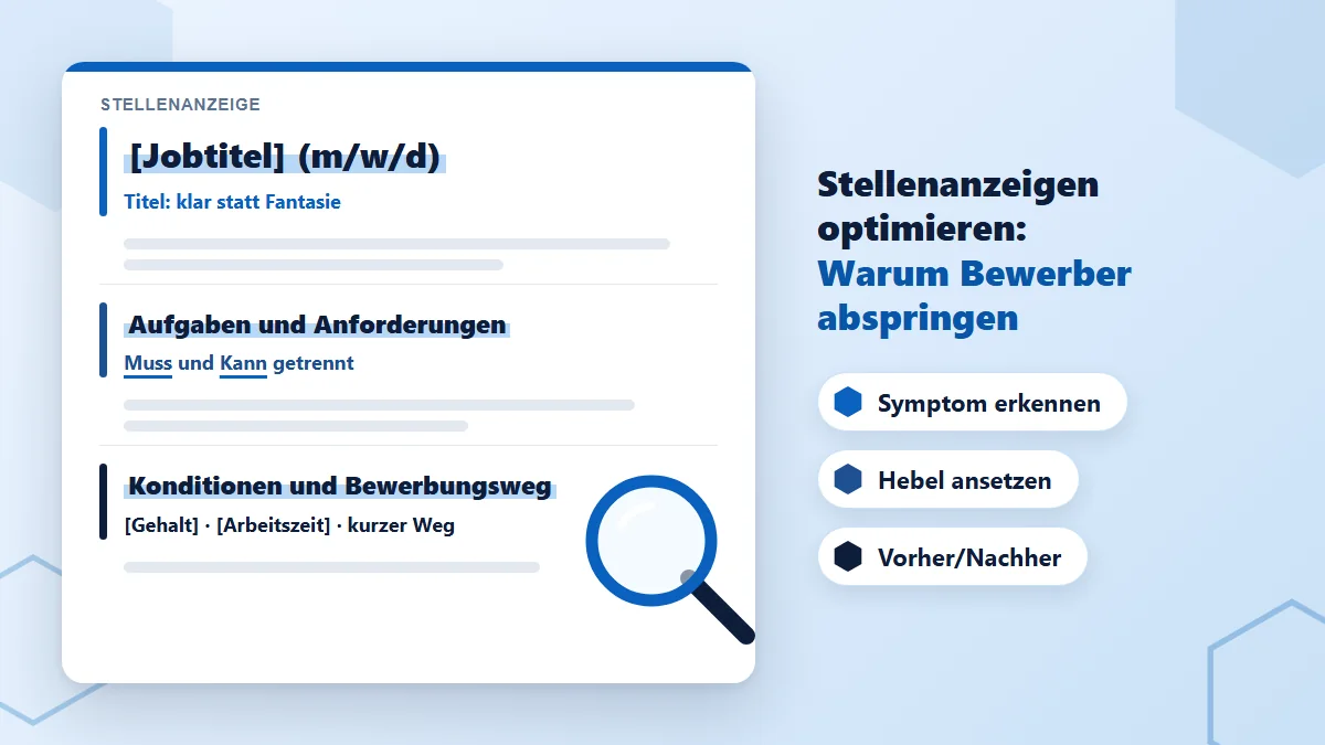 Stellenanzeigen optimieren: Stellenanzeige mit drei markierten Stellen – Titel, Aufgaben und Anforderungen, Konditionen und Bewerbungsweg – daneben Lupe und die Schritte Symptom erkennen, Hebel ansetzen, Vorher/Nachher
