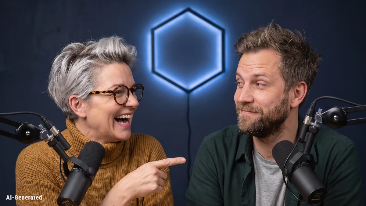 Barbara und Mark, die KI-generierten Stimmen von Recruiting News DACH, im Podcast-Studio vor einem leuchtenden Hexagon