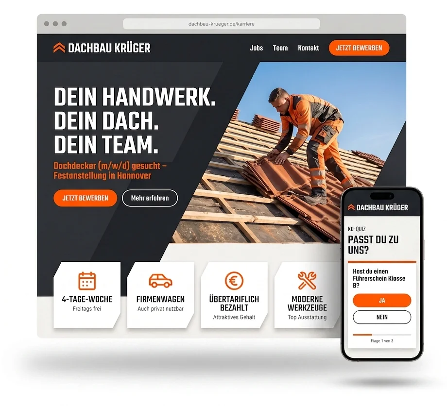 Karriereseite Beispiel Handwerk: Dachdecker-Betrieb mit KO-Frage Führerschein