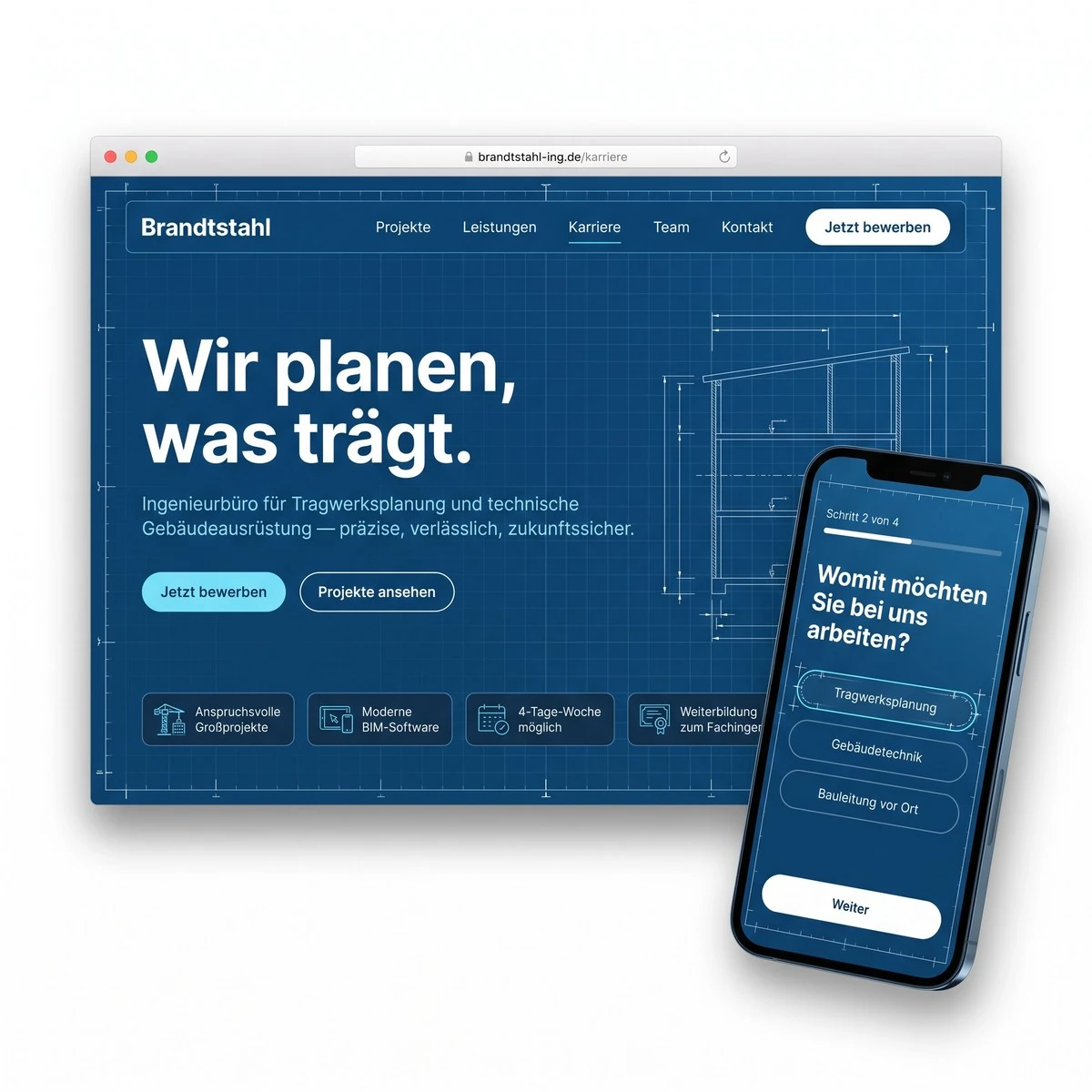 Karriereseite Beispiel Ingenieurbüro Tragwerksplanung: technischer, seriöser Look