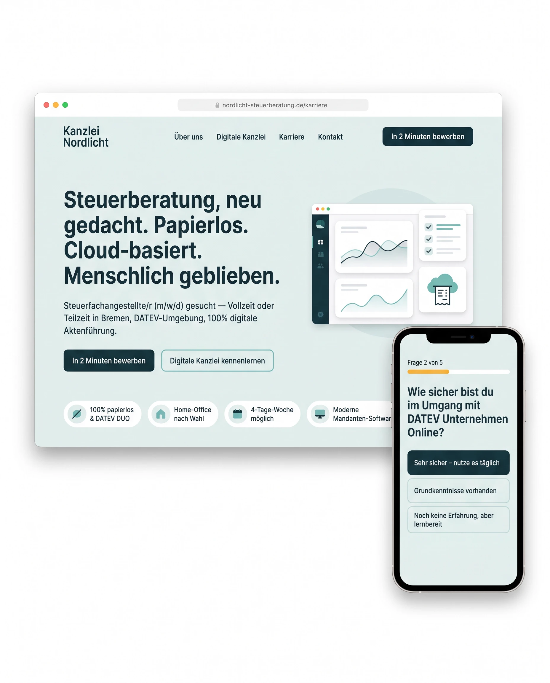 Karriereseite Beispiel Steuerkanzlei: digitaler, cloud-basierter Look